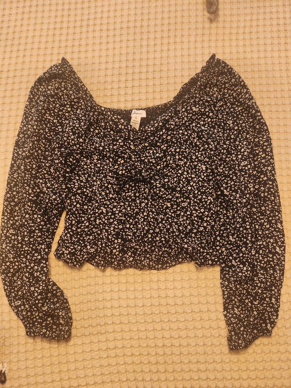 Japna Black/White Dainty Floral Cropped Blouse Square Neck Smocked Puff Sleeve L